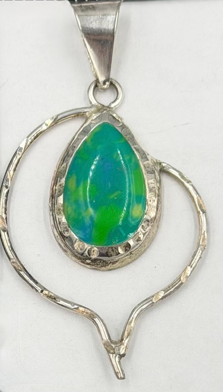 Mexico 925 Sterling Silver Oval Blue & Yellow Marbled Stone Charm Pendant